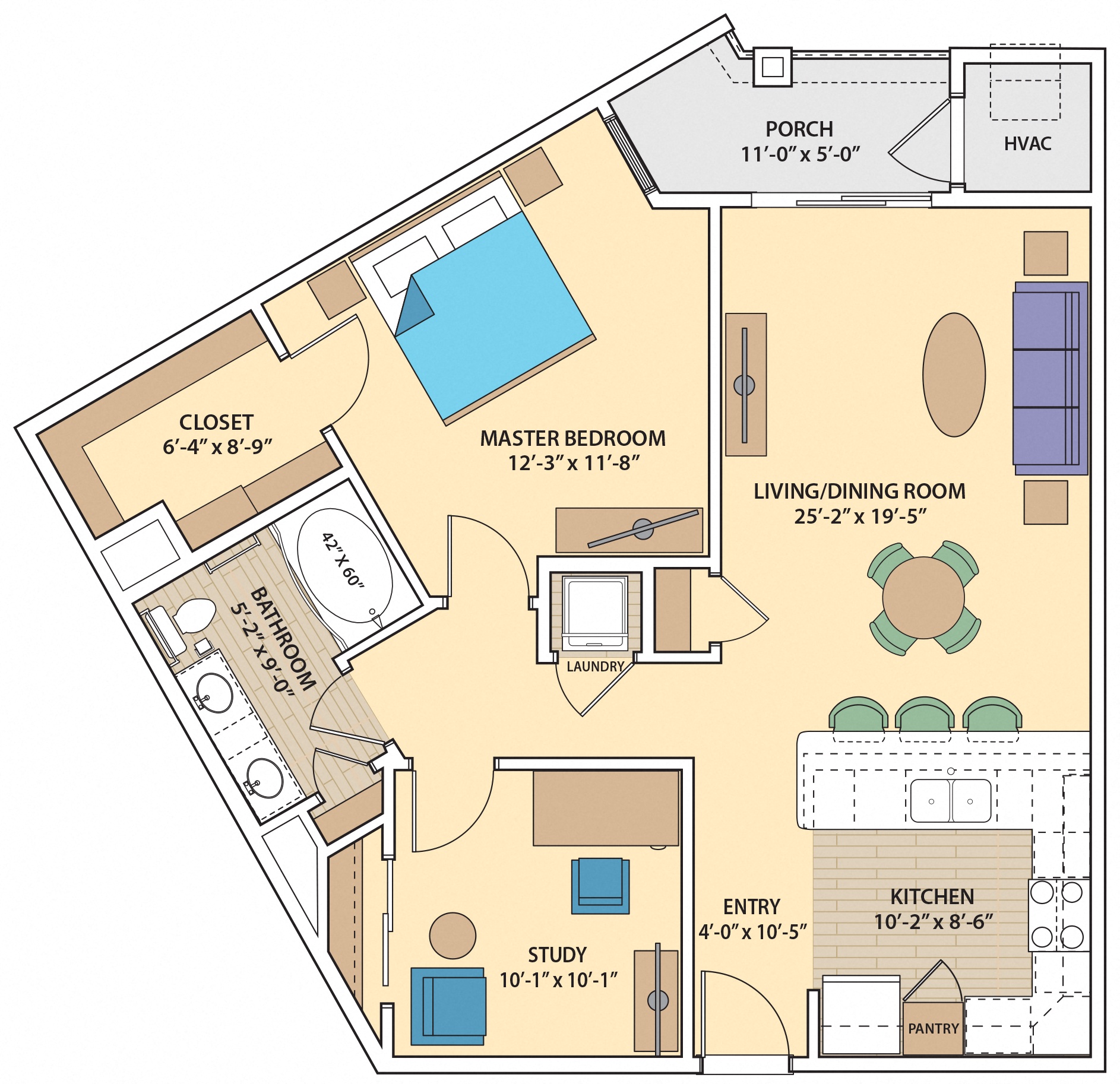 Floor plan for 1 bed, 1 bath, 1046 sqft